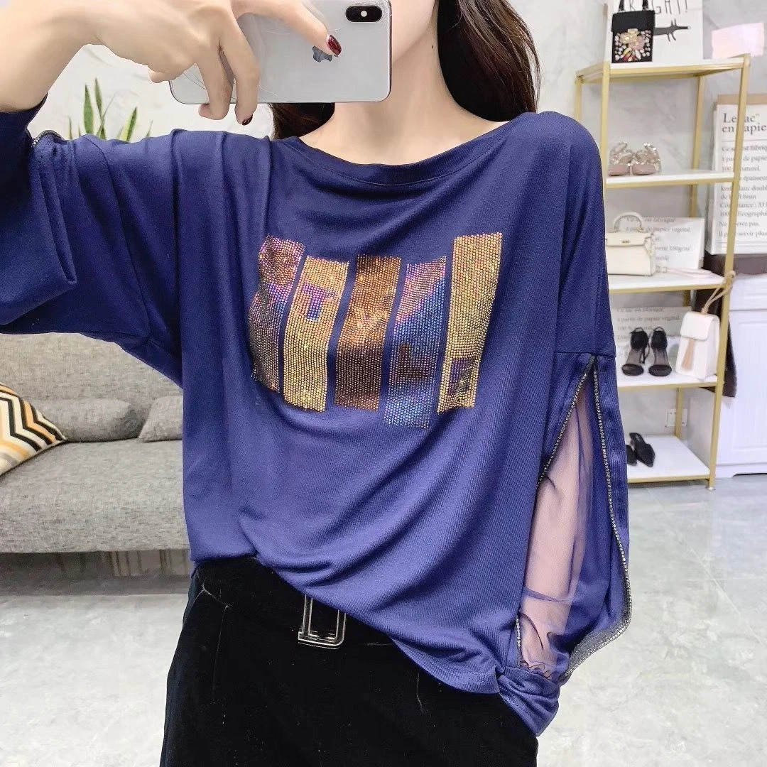 Tee Black Tshirt Loose Rhinestone Clothing Glitter Sequin Woman T-shirt Mesh Top For Women Offer High Quality 2024 Polyester O