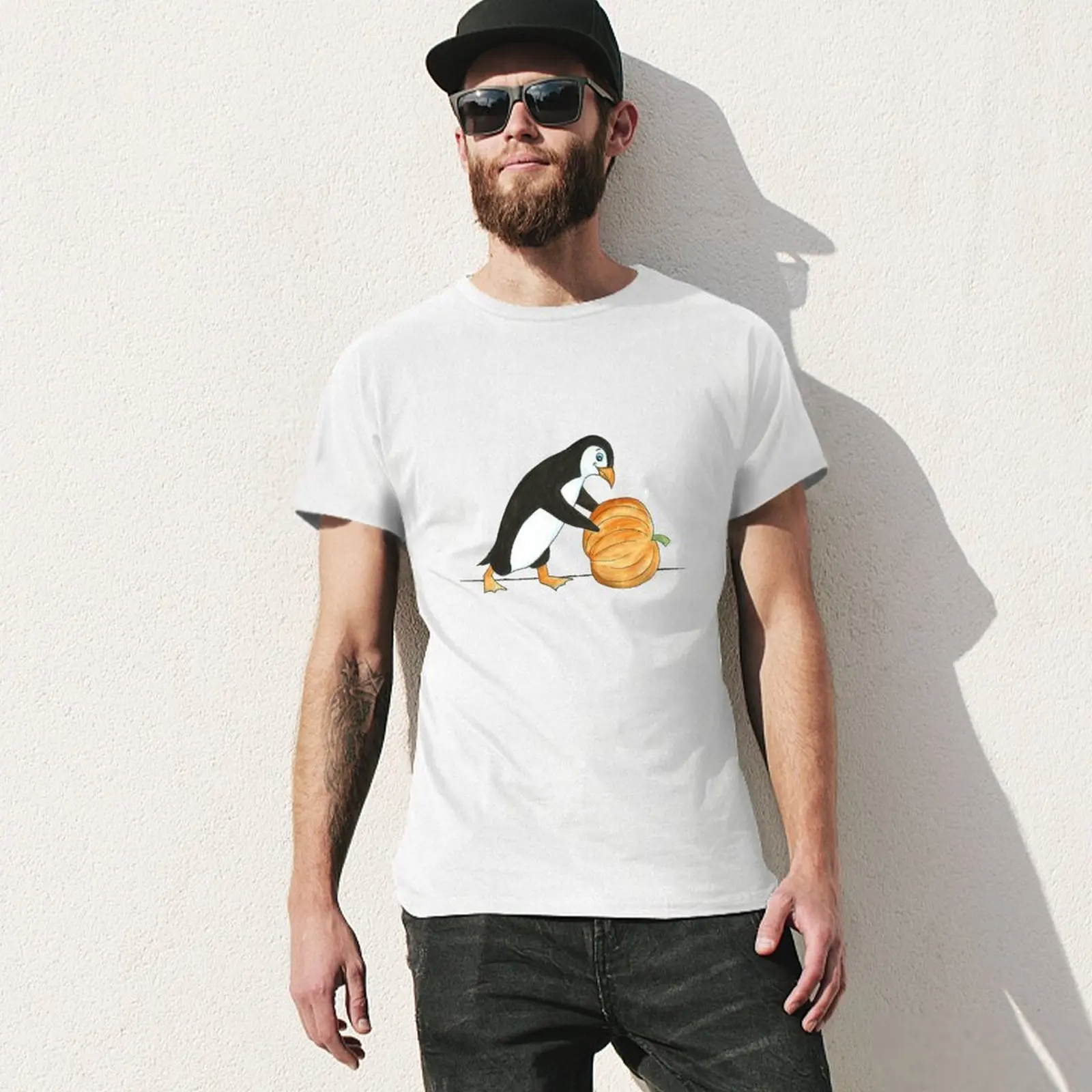 Kaus Gambar labu Pinguin atasan T-Shirt baju anime untuk pria