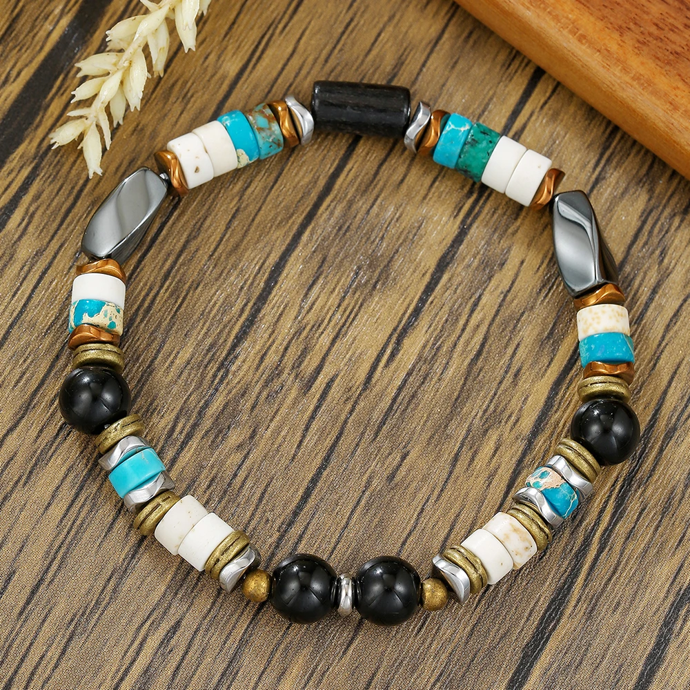 

Vintage Black Gallstone Volcanic Stone Wood Beads Bracelet Handmade Original Design Men Bracelet Party Jewelry