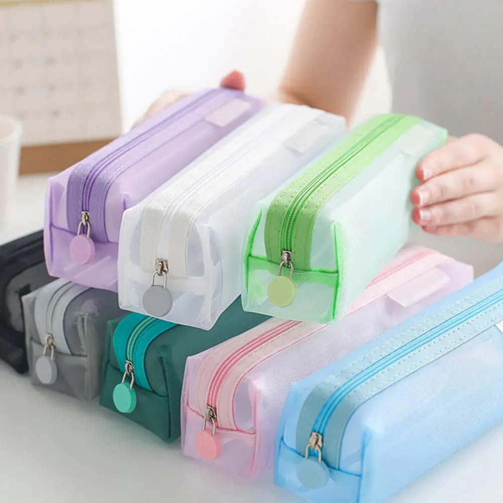 

2Pcs Student Nylon Pencil Pouch Net Mesh Transparent Pen Bag Stationery Organizer School Supply Holder Gray Black