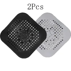 2Pcs Silicone Drain Hair Catcher Grey+Black with Suction Cups Shower Drain Cover Square Easy to Install Drain Stopper Kitchen