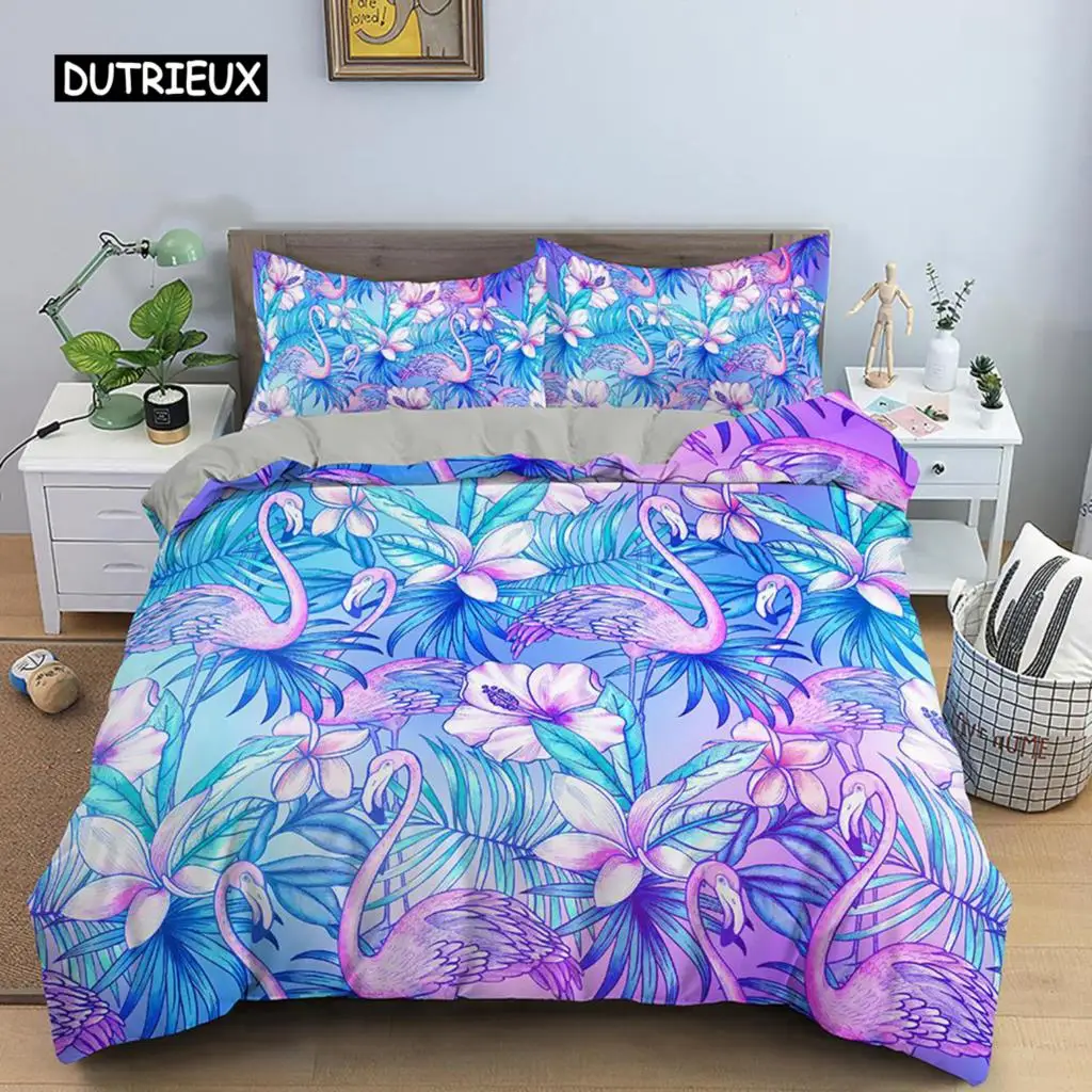 Flamingo Duvet Cover Set Purple Tropical Botanical Bedding Set Coral Flamingo Soft Breathable Queen King Polyester Quilt Cover