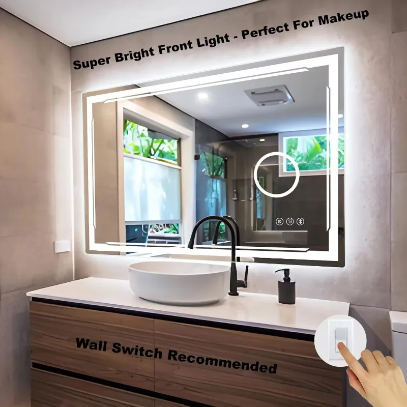 48" x 30" LED Bathroom Mirror with Built-in Bluetooth Speaker and 3x Magnifying Mirror - Smart Lighting Vanity Wall Mount Mirror