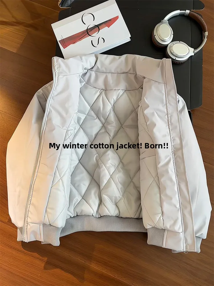 Warmth Bomber Jacket Light Grey Deconstructed Stand Collar Men's Winter Cleanfit Trendy Brand Baseball Style Outerwear