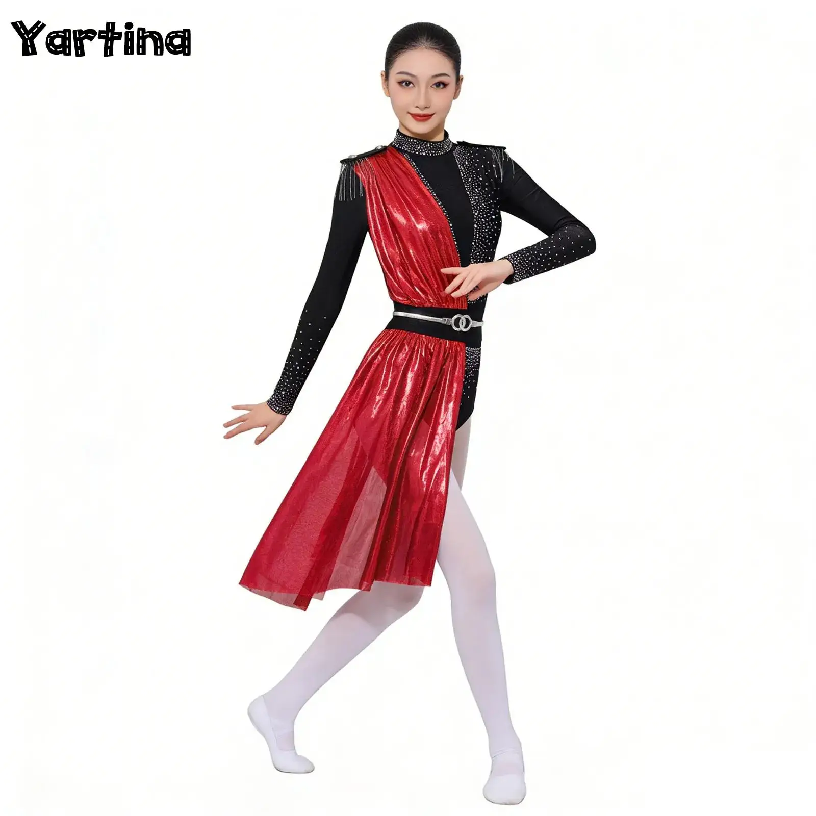 

Women Lyrical Jazz Dance Performance Costume Rhinestone Metallic Shiny Long Sleeve Tassel Leotard Jumpsuit with Metal Waist Belt
