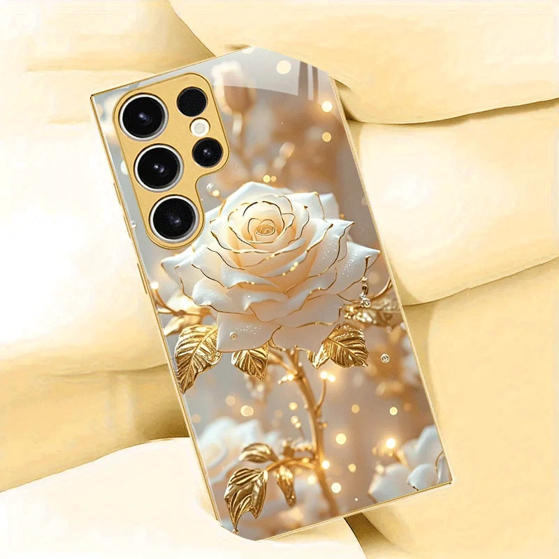 Golden white rose design metal paint glass phone case suitable for Samsung Galaxy S26 S25 S24 S22 S21 S20FE/Ultra/Plus anti drop