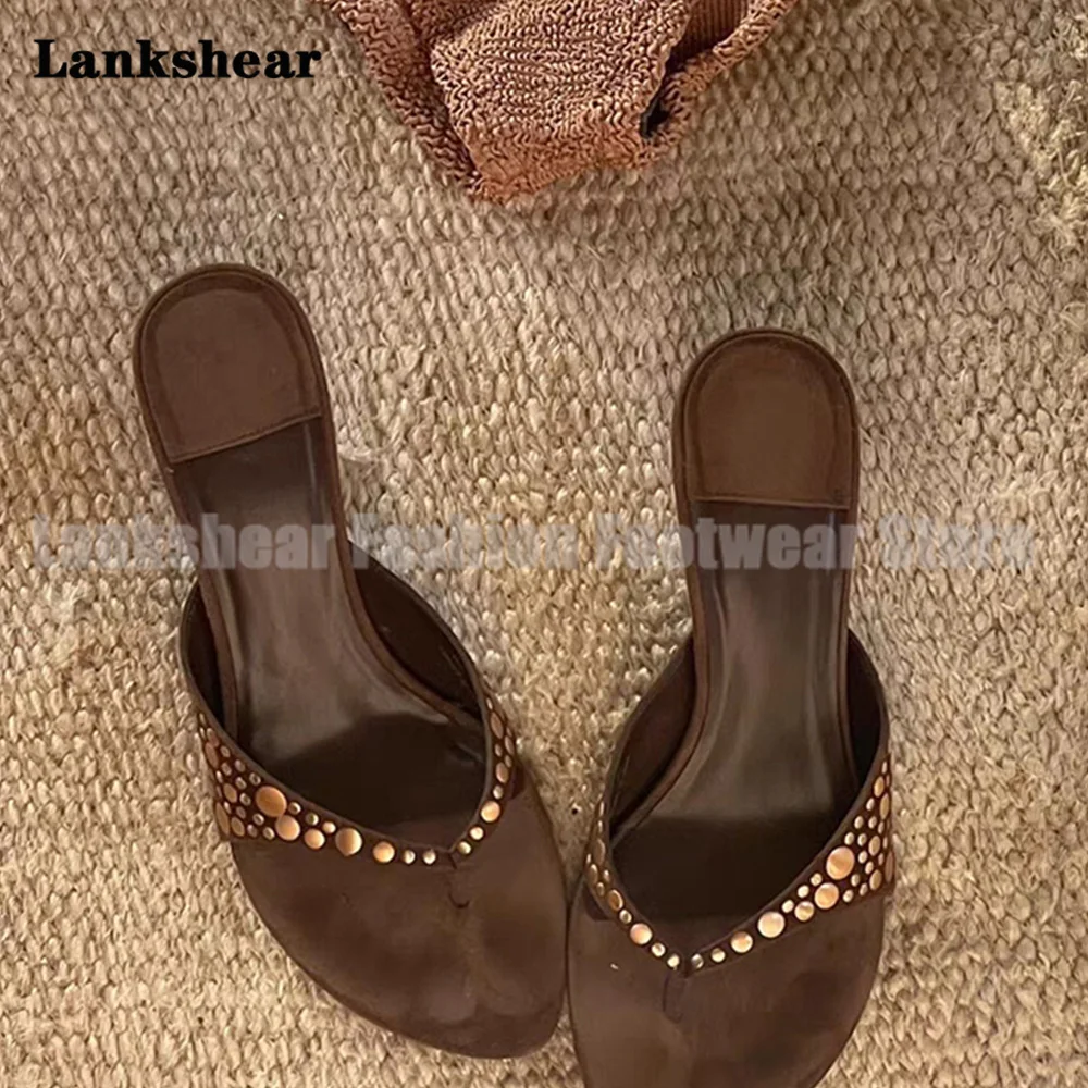 

Clip Toe Rivet Stiletto Heels Mules Slippers Brown Suede Round Toe Flip-Flops Women Shoes Summer Sandalias De Mujer Verano