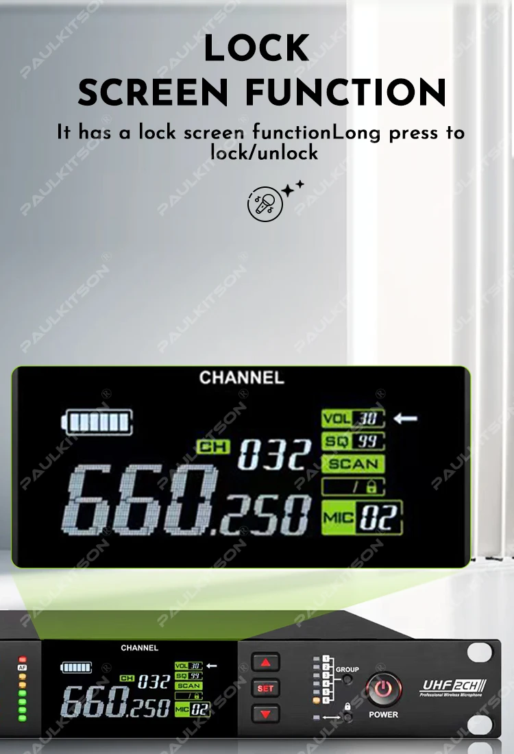 MK952 Dual-Handmikrofon mit True-Diversity-Technologie, 640-690MHz UHF, LCD, Stabiles Signal, Professionell für Bühne, Karaoke, Heim und Live-Einsatz – Detail 5