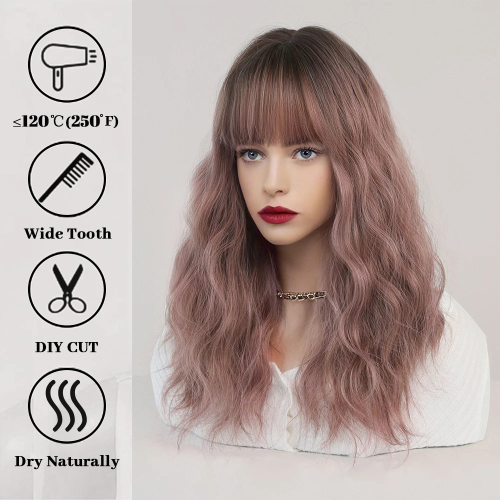 Pink Ombre Brown Wig Women Wigs with Bangs Long Wavy Hair Heat Resistant Synthetic Wig Cosplay Lolita Daily Party Wear