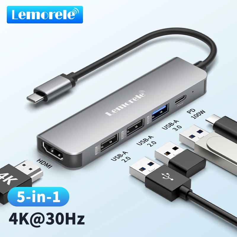 Lemorele 5 Ports TC101 USB HUB to HDMI 4K30Hz Display USB C HUB 3.0 5Gbps High Speed  Power 100W For MacBook Ipad M1 M2