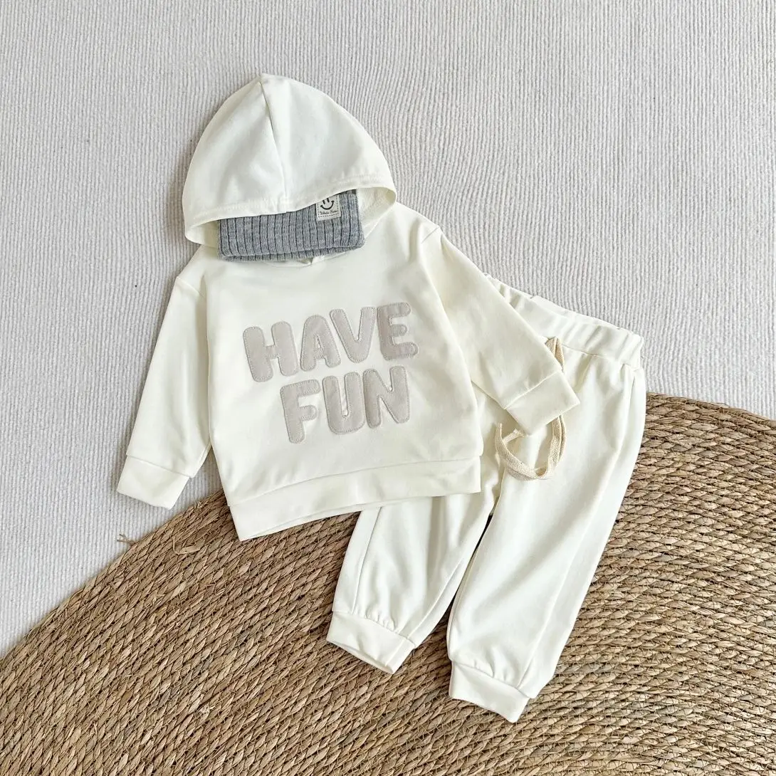 2PCS Ins Style Spring Autumn New Boys Girls Baby Sports Suit Handmade Letter Patch Baby Clothing Sets Cotton Hooded Sweat Pants