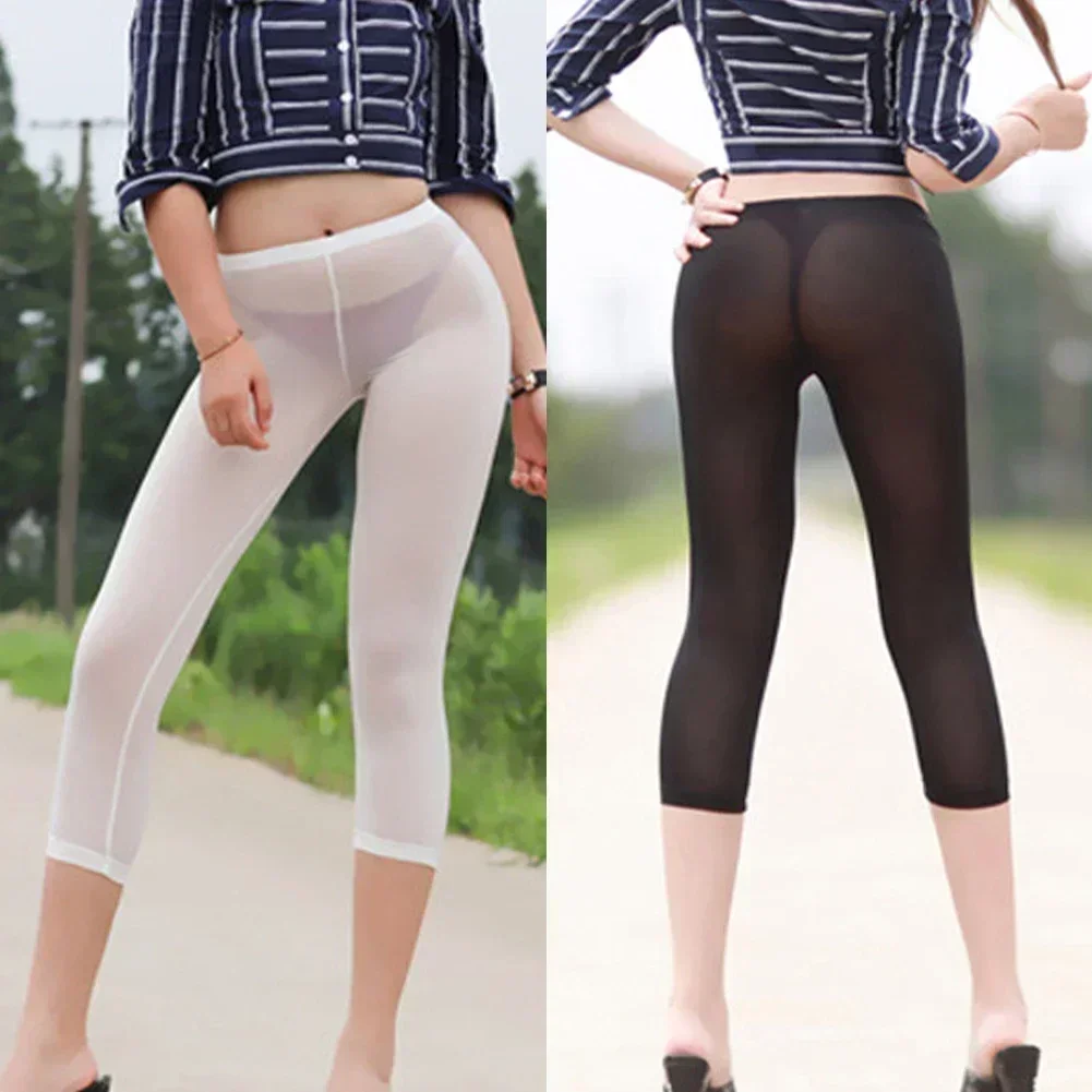 Sexy Women\'s Transparent Black White Cropped Pants Leggings High Elastic Ice Silk Leggings Trousers Female Clothing