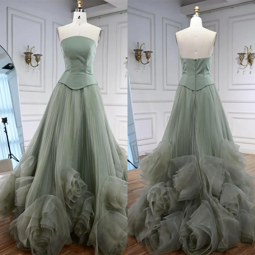 

Customized Delicate Light Green Tulle Evening Dress Temperament Strapless Sleeveless Zipper Back Flowers Special Occasion Gowns