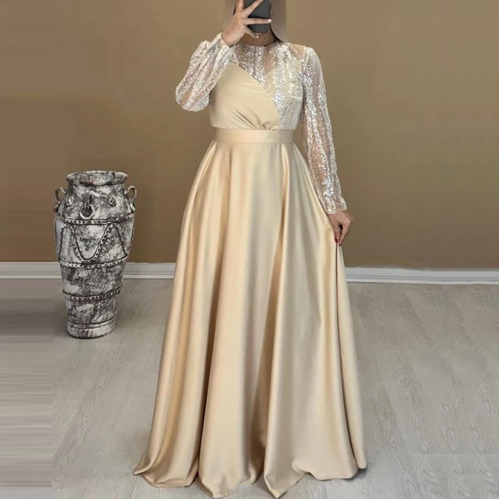 

Customized O-neck Sparkly Sequined A-line Beige Evening Dresses Draped Full Sleeves Elegant Pageant Gown فساتين للمناسبات الخاصة