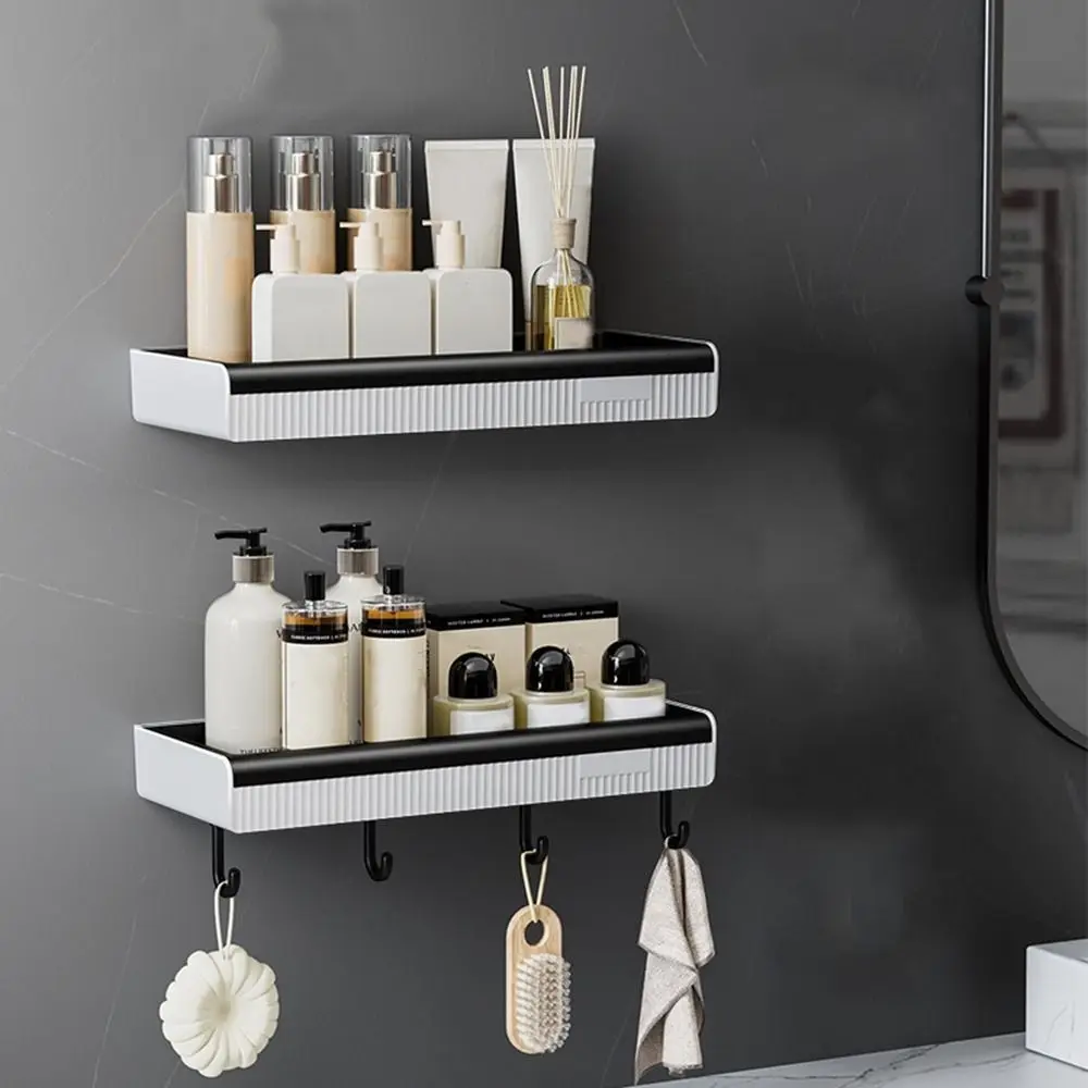 

Practical Plastic Bathroom Storage Rack Wall-mounted with Hooks Toilet Storage Rack Punch-free Cosmetics Storage Box Washstand