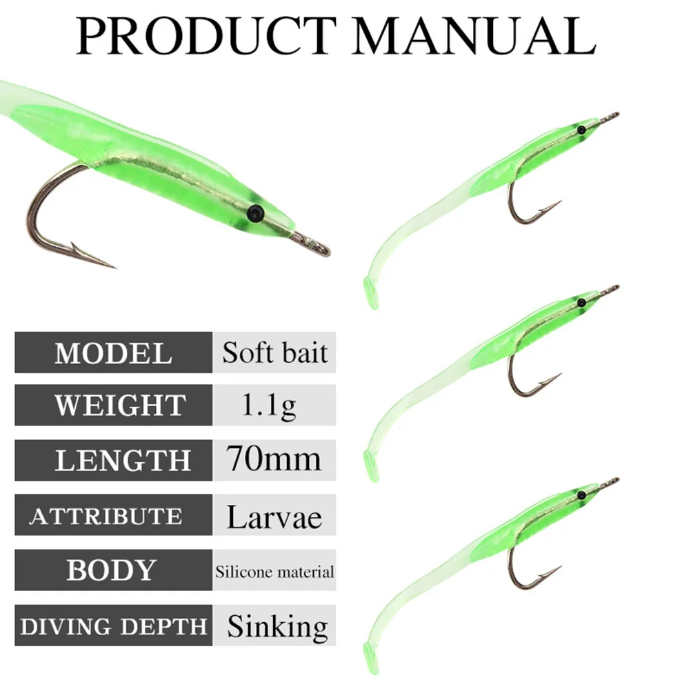 

10pcs Luminous Silicone Fishing Baits Eel Shape Reusable Durable Floating Fake Bait Hooks Bass Lures Fishing Tackle