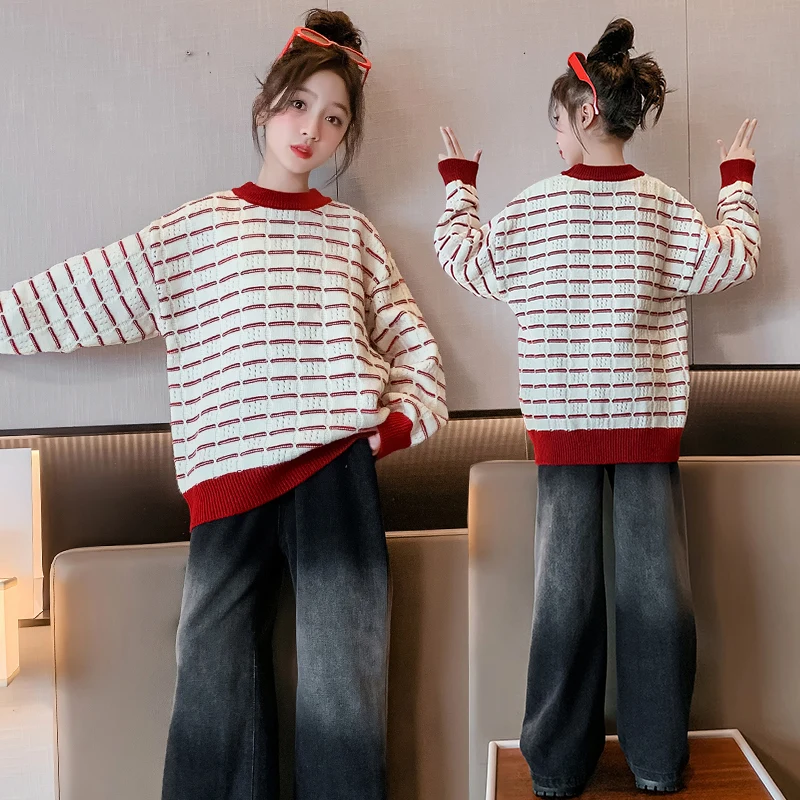 Brief Style School Girl Fashion Red Striped Sweater Children Fashion Knitwear Korean Kids Spring Autumn Knit Clothing Outfit