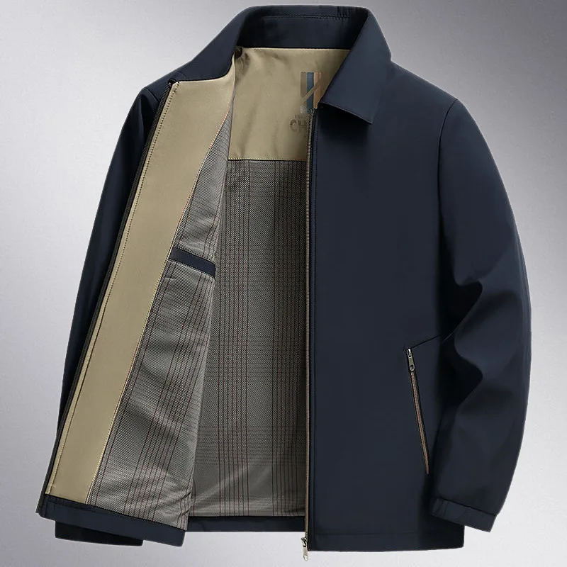 

Легкая куртка с отложным воротником для мужчин среднего возраста, осенне-весенняя, повседневная, из полиэстера, однотонная, в стиле «дедушка»