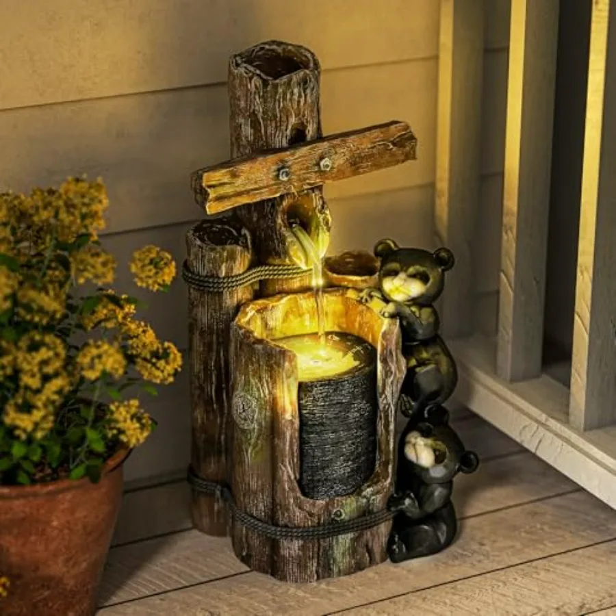 

22.8 Tall Outdoor Water Fountain 3-Tier Floor Standing Resin Bears on Log Waterfall Fountain with LED Lights Pump for Garden Pa