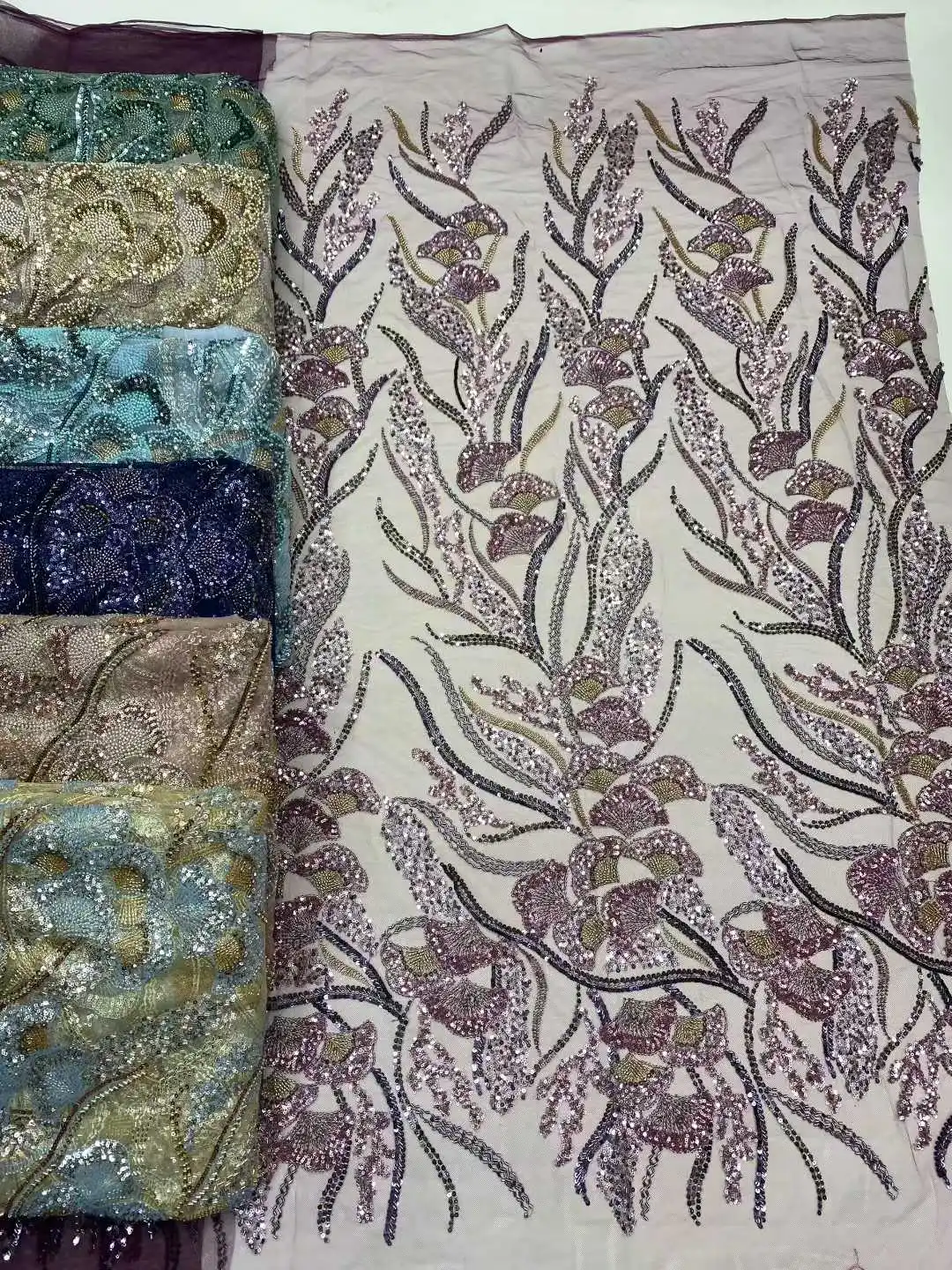 Kain Renda Manik-Manik Afrika Terbaru Kain Renda Payet 5 Yard Berkualitas Tinggi 2025 Kain Renda Biru Gaun Pengantin Nigeria SZ1669