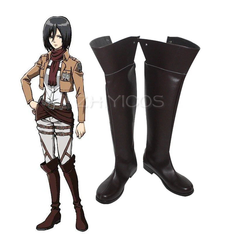 New Anime Attack On Titan Eren Levi Cosplay Shoes Knee Length Cosplay Boots Zipper-up Brown Customized
