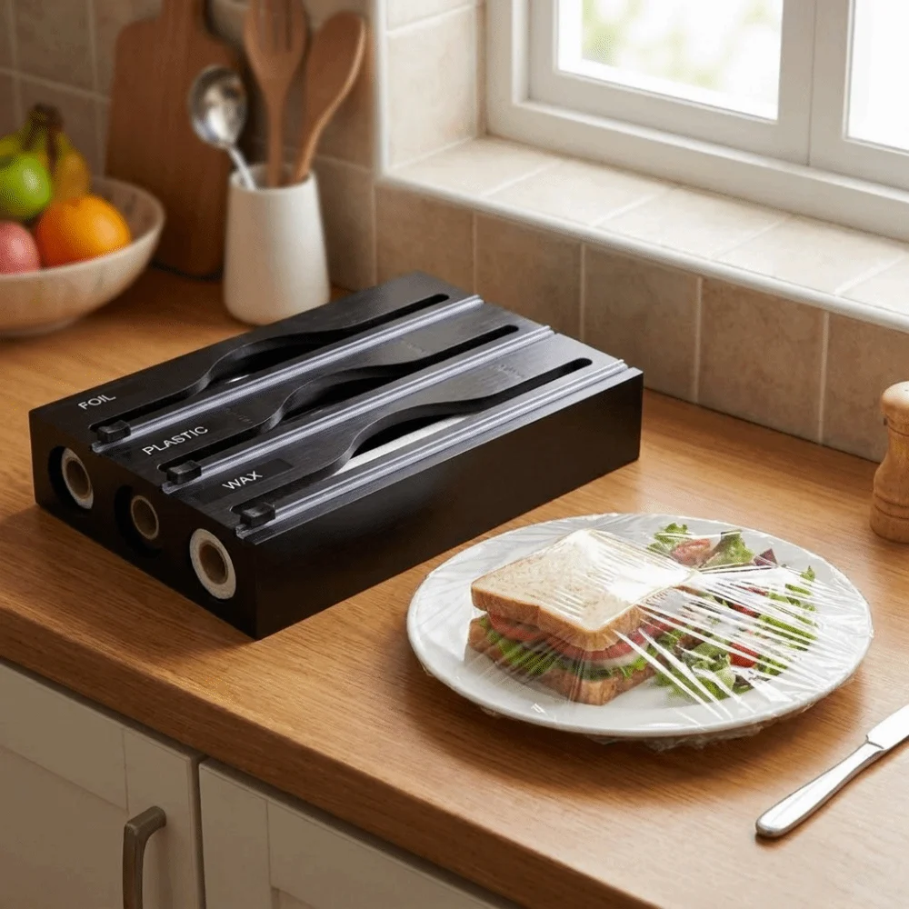 Bamboo Cling Film Cutter Box 2 /3 Grids Wall Mounted Tin Foil Cutter Refillable with Slide Cutter Plastic Wrap Cutter Box