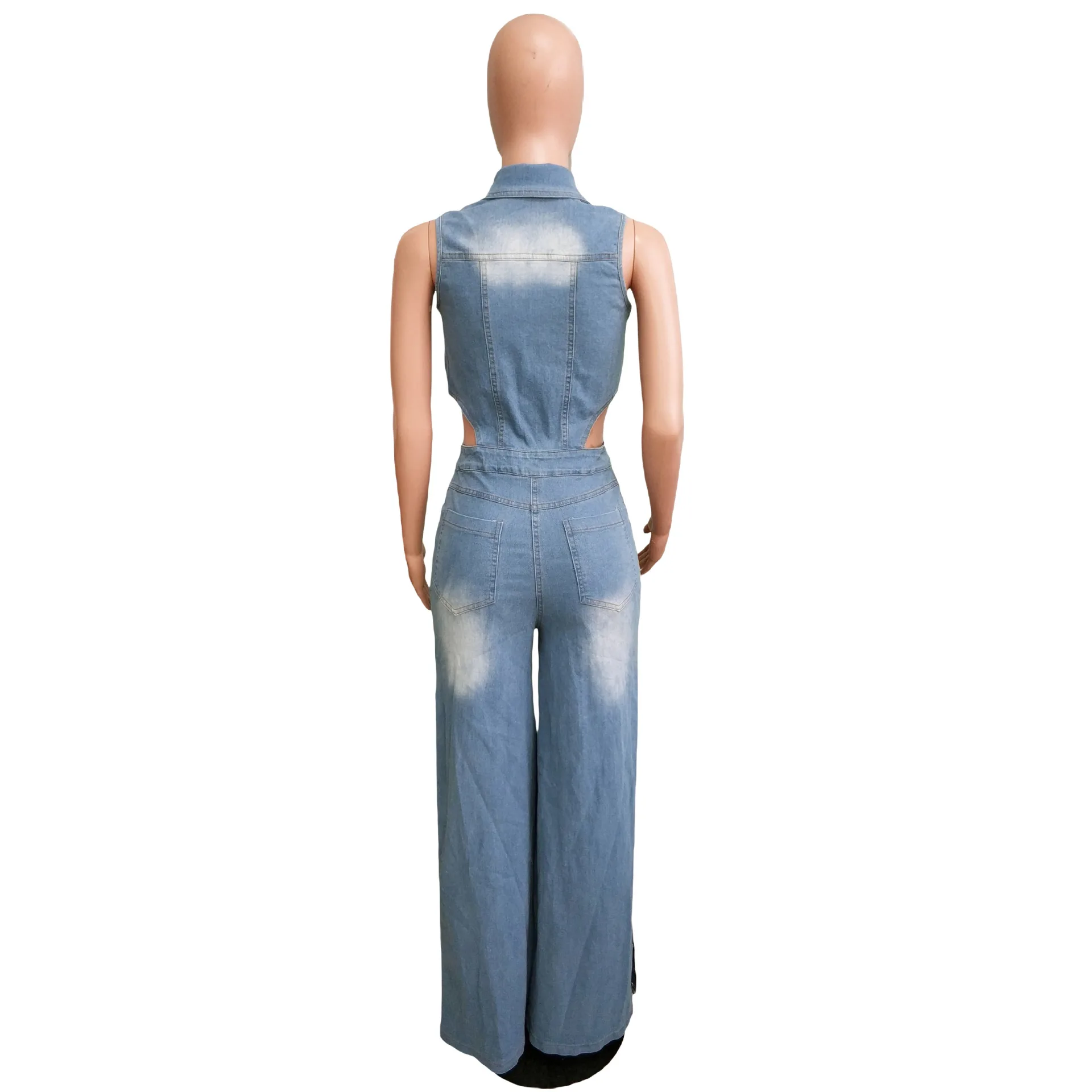 Women Jumpsuit Autumn Sexy Hollow Out Slim Stretch Denim Wide Leg Pants Jumpsuit Casual Tight Waist Straight Leg Jeans Jumpsuit