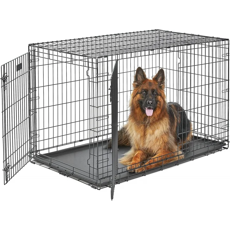 

48-Inch Double Door Folding Dog Crate-Large Breeds 90-110 lbs, Heavy-Duty with Divider Panel
