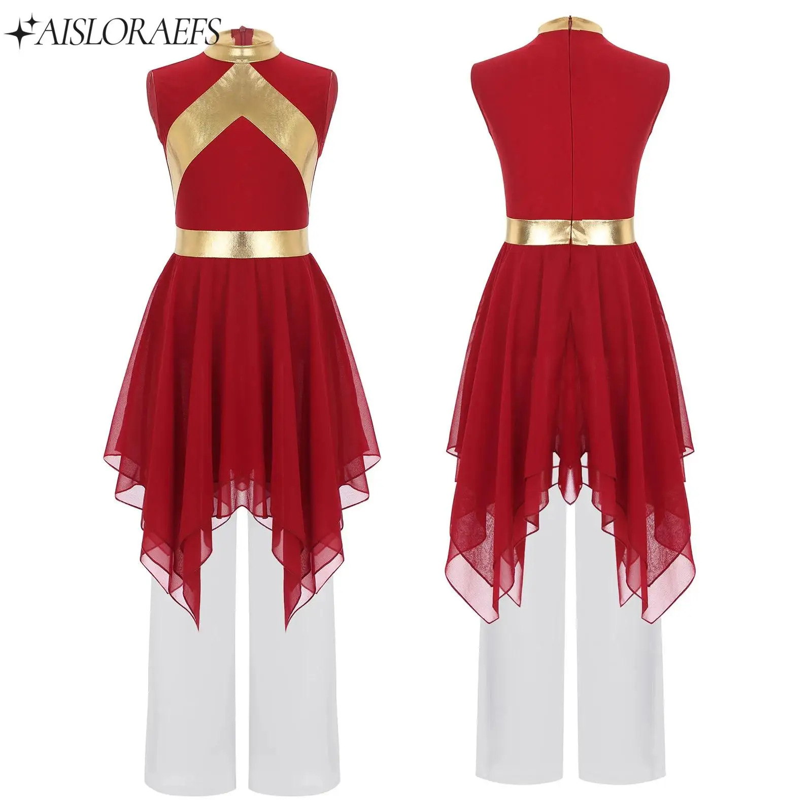 여아 리리컬 예배 무용 의상 어린이 예배 공연 세트 민소매 비대칭 밑단 드레스+바지 2피스 세트