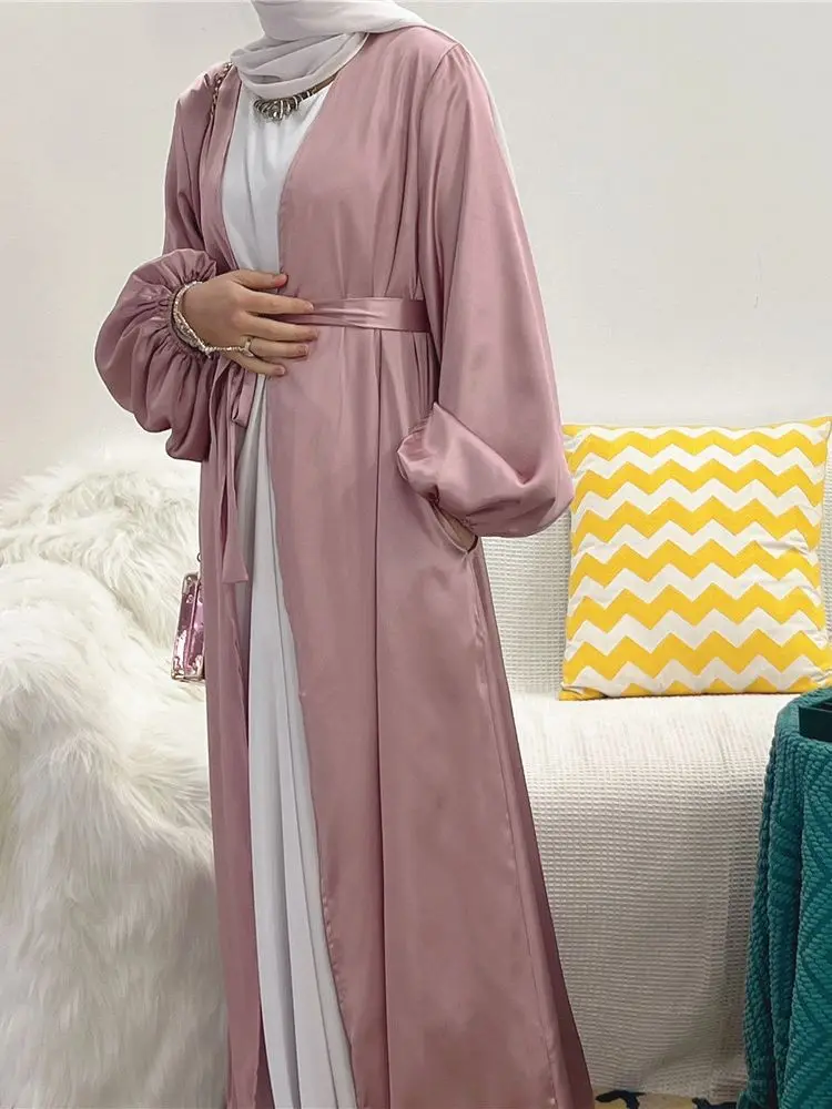 Imagem -04 - Cetim Kaftan Maxi Abaya para Mulheres Ramadã Eid Abayas Vestido de Quimono Manto Feminino Dubai Árabe Turquia Islã Paquistão Vestido Muçulmano