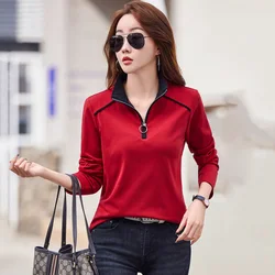 New Women Spring Autumn Cotton T-shirt Fashion Zipper Stand Collar Long Sleeve Loose Tees Tops Casual Basic Pullover T-shirt