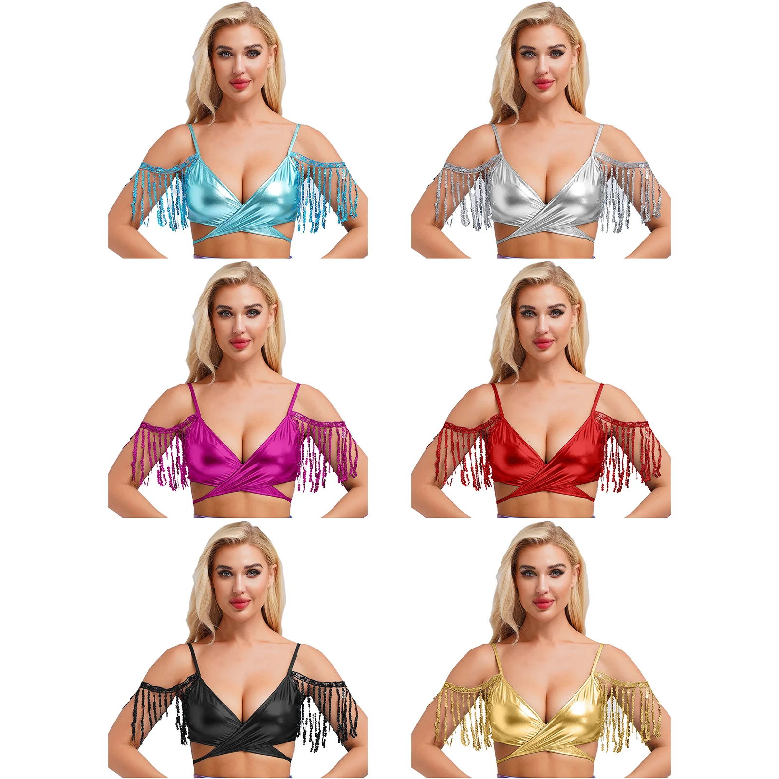 Sutiã brilhante para dança do ventre, top curto, sissy, feminino, piscina, praia, alças, lantejoulas, borlas, sutiã para diversão, clube, festa, bar, dança