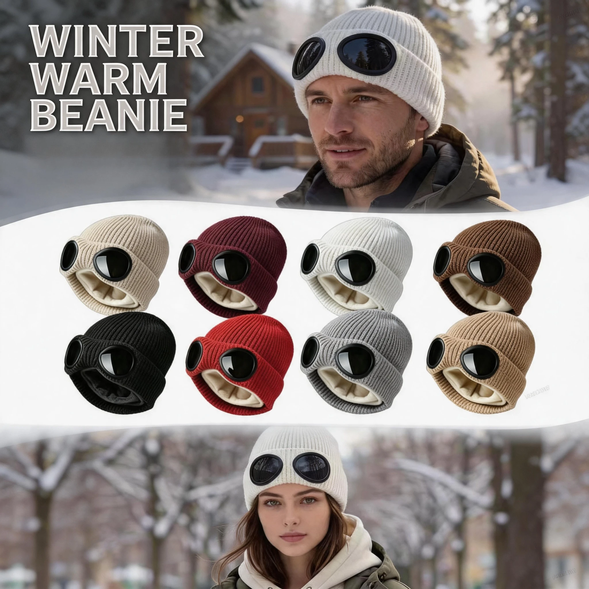 Thickened Knitted Winter Beanie Hat Built-in Goggles Fleece Lined Ear Flap Windproof Cold Resistant Cap for Men Women Outdoor