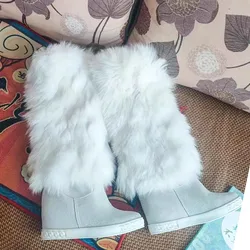 New Fluffy Fox Fur Hidden Wedge Snow Boots Inner Height Increased White Black Suede Knee Boots Woman Warm Winter Real Fur Boots