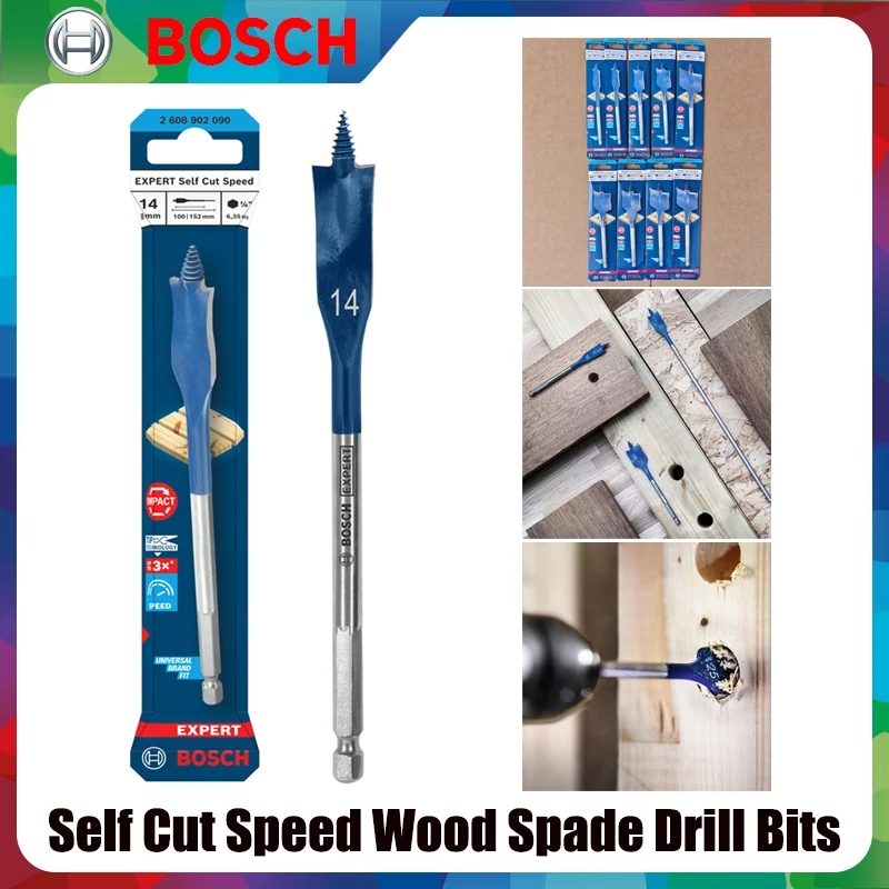 BOSCH EXPERT Self Cut Speed Spade Drill Bit | Self-Feeding Thread 1/4 Inch Hex Shank High Speed Wood Drilling Bit
