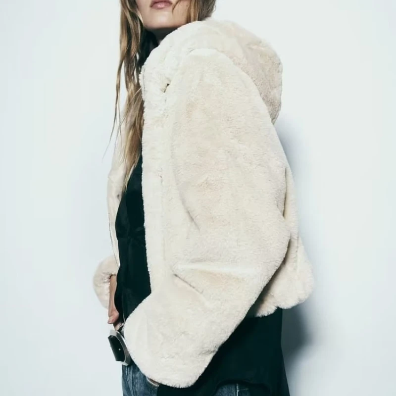 Warmer, mit Fce gefütterter Kunstfell-Jet-Mantel für Damen mit Kapuze, Oberbekleidung, 2023, Herbst, neue Sle, lässige, lockere Passform, normale Länge