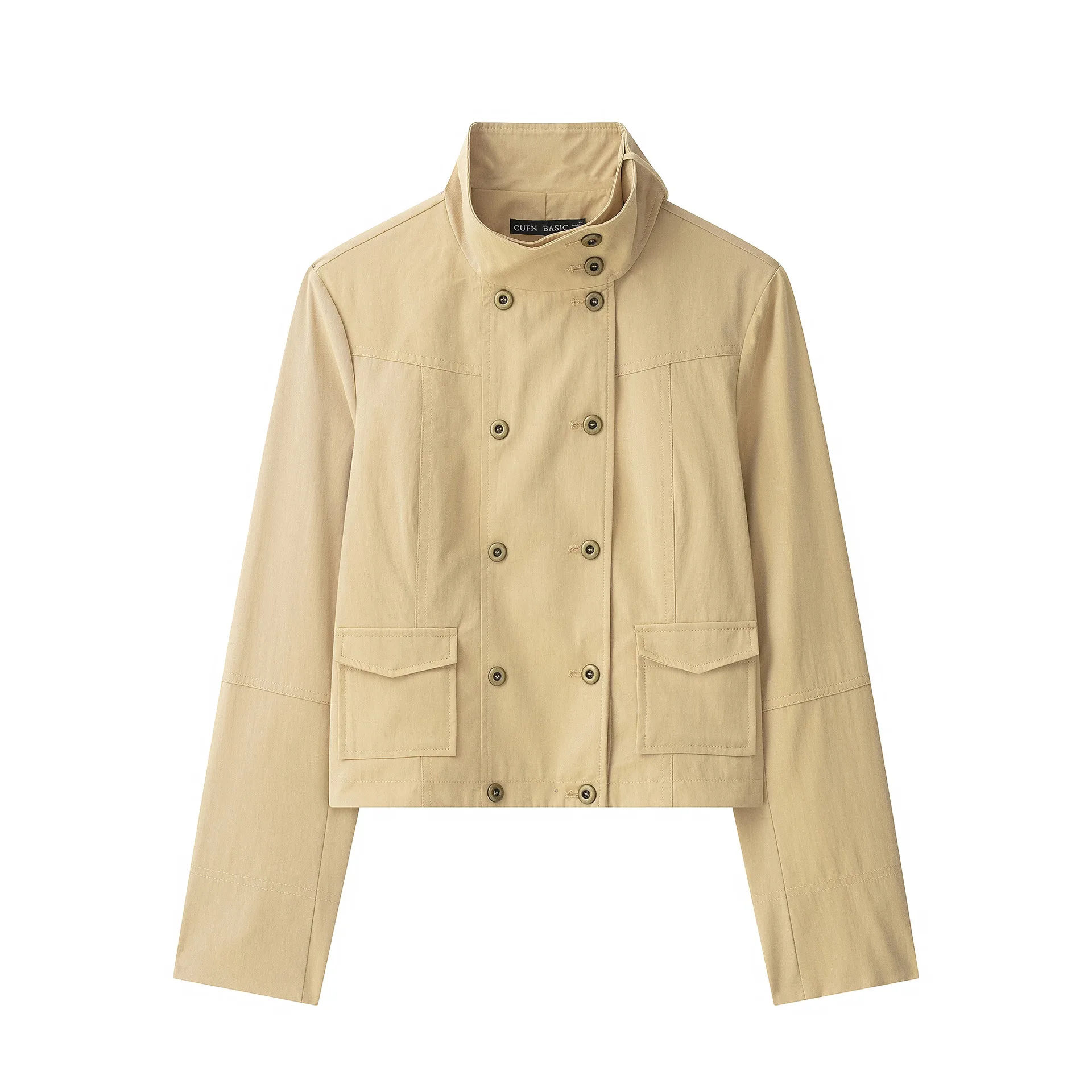 Autumn Women Khaki Safari Jackets Stand Collar Double-breasted Buttons Long Sleeve Windbreak Coat Front Pockets Coat Outerwear