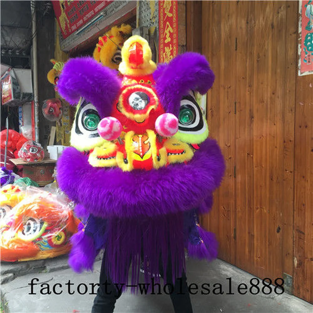 Handmade Chinese Folk Art Purple Lion Dance Mascot Costume Wool Southern Lion for Two Adults Clothing Advertising Halloween Gift