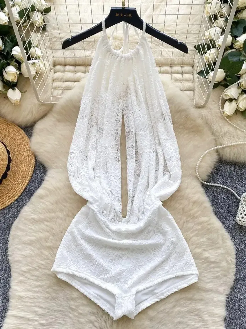 

Foamlina Trendy Hollow Out Halter Strap Lace Bodysuit Pure Desire Sexy Summer European New Slim Fit Backless Shorts Jumpsuit