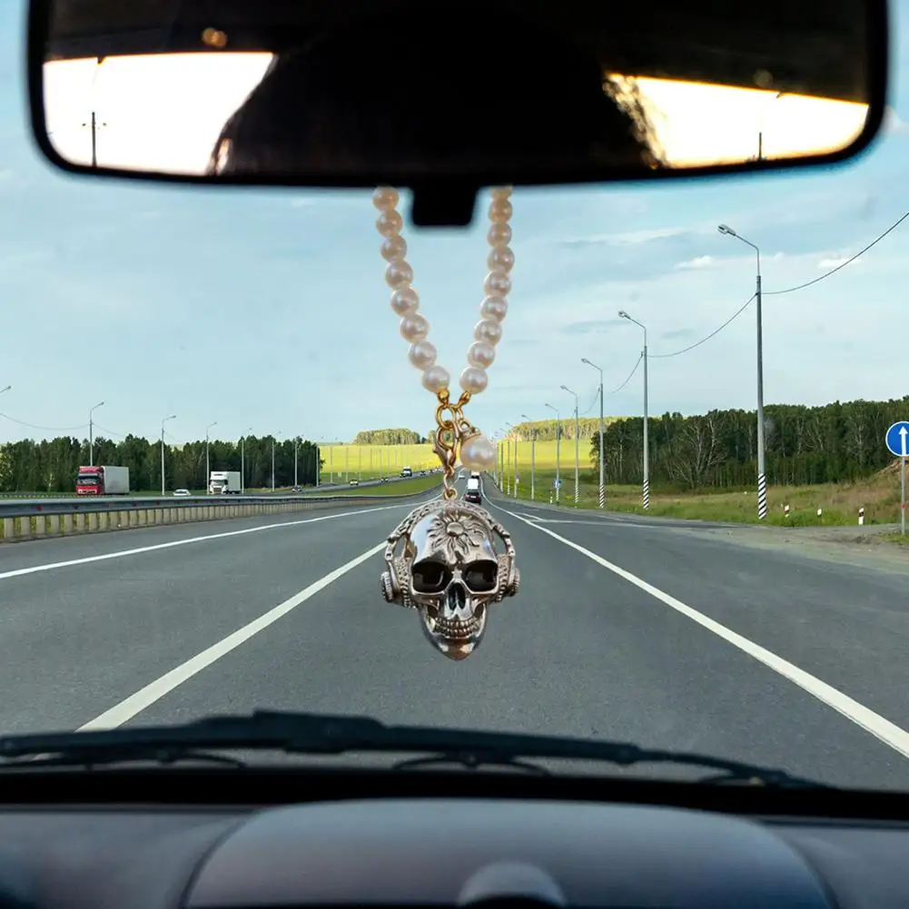 Funny Ghost Expression Ornament Skull Car Hanging Ornament Faux Pearl Bead Chain Rear View Mirror Charm Funny Vehicle for Men view 4