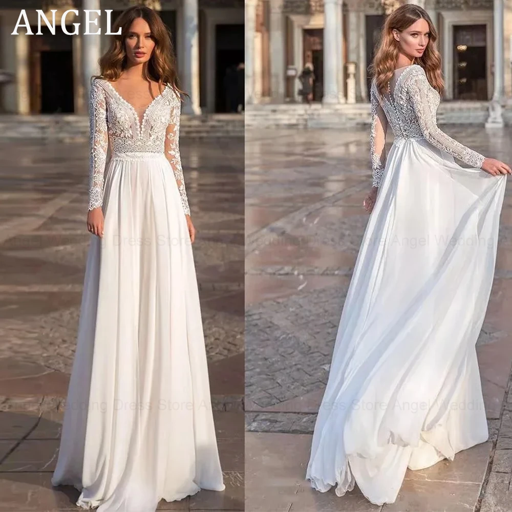 

ANGEL Long Sleeve V-Neck Wedding Dress A-Line Chiffon Lace Appliques Elegant Bridal Gown Civil Floor Length Vestidos De Noiva