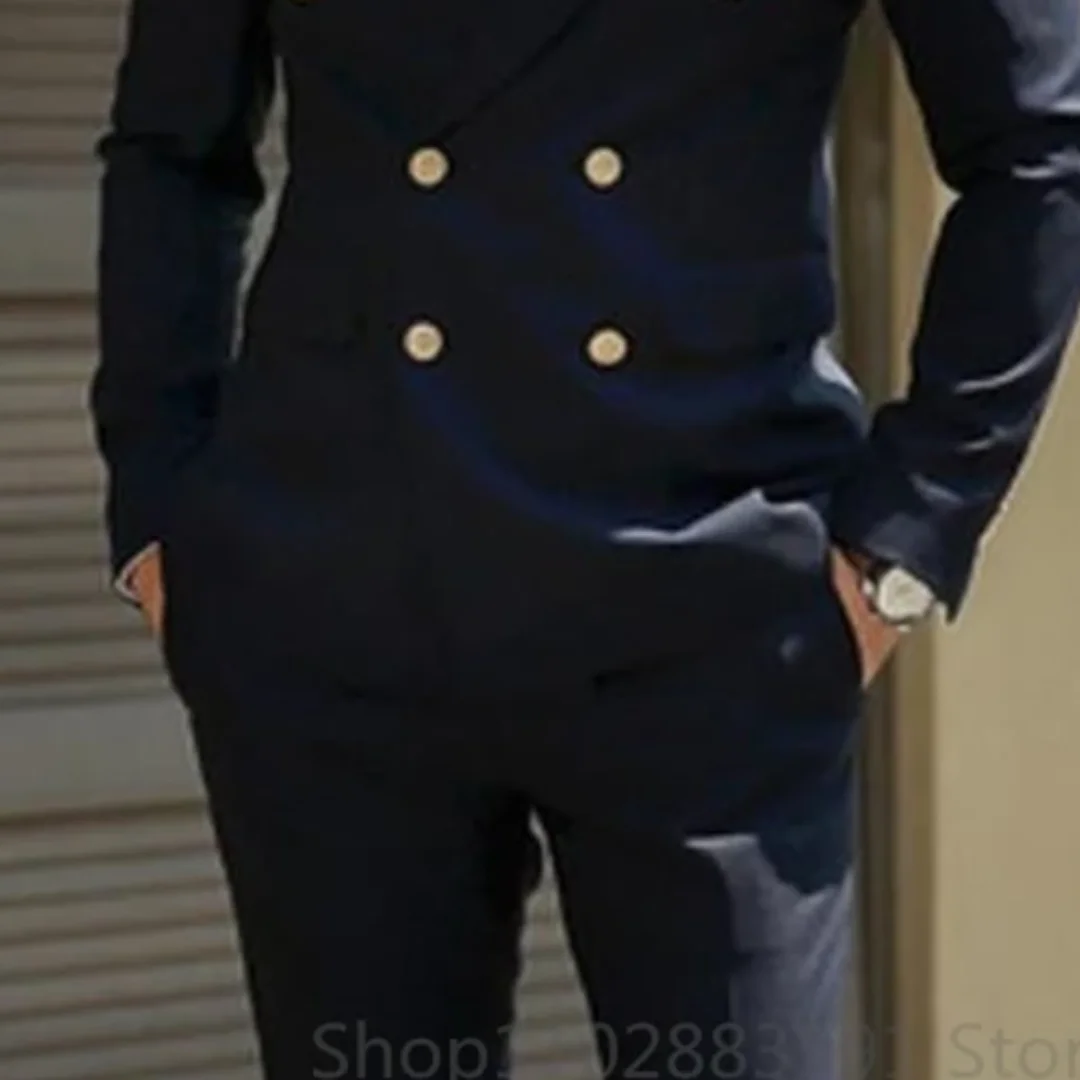 2 Piece Navy Blue Suits for Men Slim Fit Double Breasted Wedding Groom Jacket Pants Tuxedos Formal Business Set