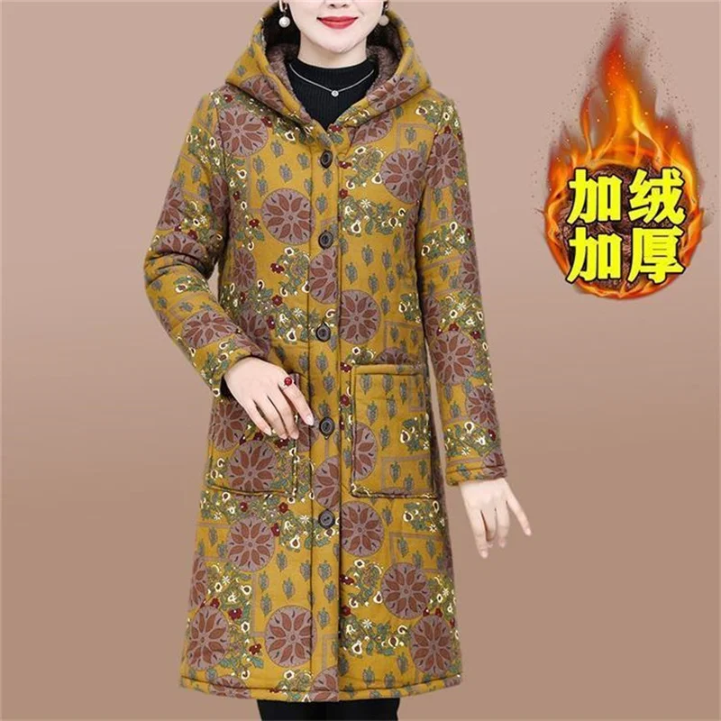 5XL Mother Winter Cotton Clothes Add Velvet Thick Warm Hooded Padded Coat Middle Aged Elderly Grandma Casual Long Parkas Jacket