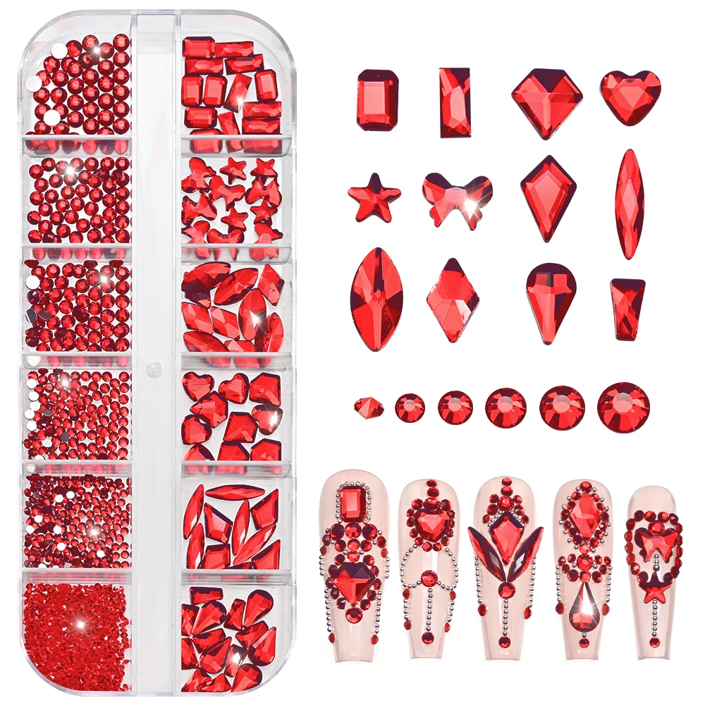 12Grids 3D Mixed Shape Red Glass Crystal Nail Art Rhinestone Luxury Irregular Glitter Diamond Nail Gemstones DIY Nail Supplies