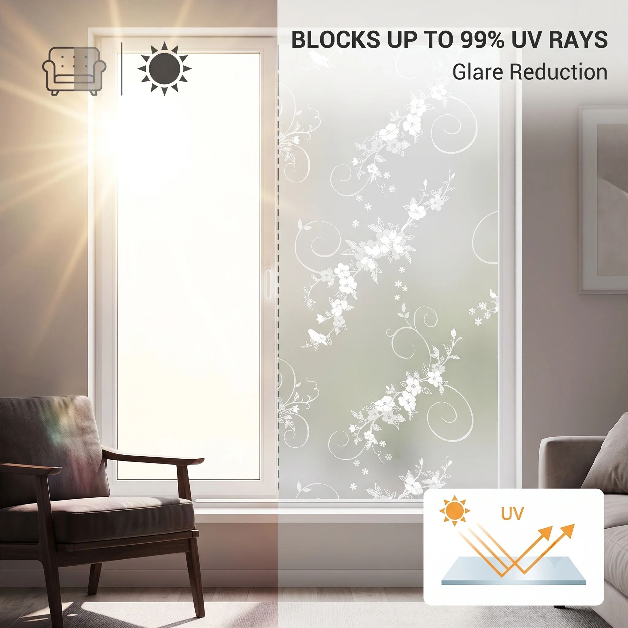 Self‑Adhesive Floral Bird Vine Window Film, Frosted Privacy Glass Sticker, Anti‑UV Decorative Window Film for Home Bathroom