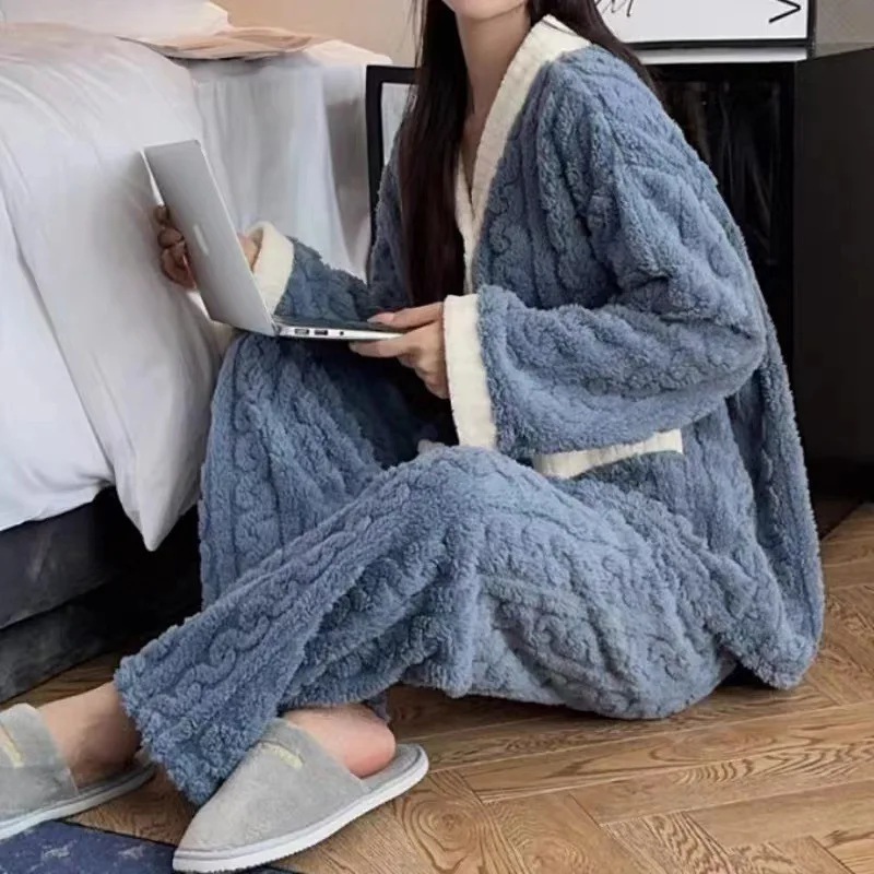 Autumn And Winter 2 Sets Of Maternity Women Sleepwear Homewear Women Thickened Loose Students Coral Velvet Pajamas Homewear