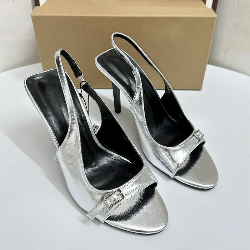 صنادل كعب عالٍ من الجلد اللامع باللون الفضي للنساء، أحذية نسائية أنيقة بإبزيم معدني وحزام مفتوح من الأمام #2