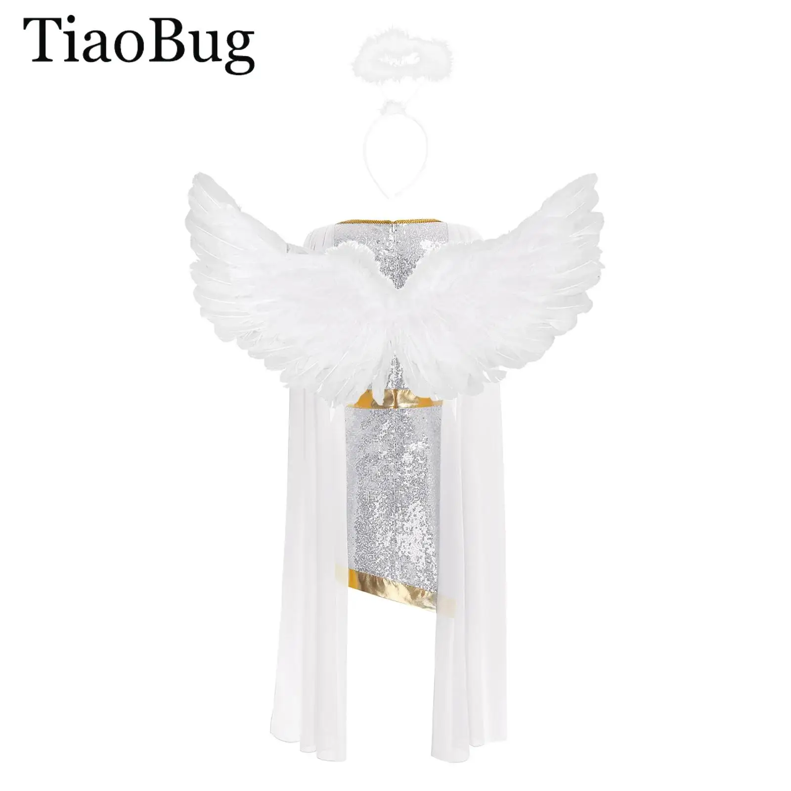 

Womens Angel Cosplay Outfit V-neck Sleeveless Shiny Sequin Dress with Feather Wings And Headband 3-piece Set Halloween