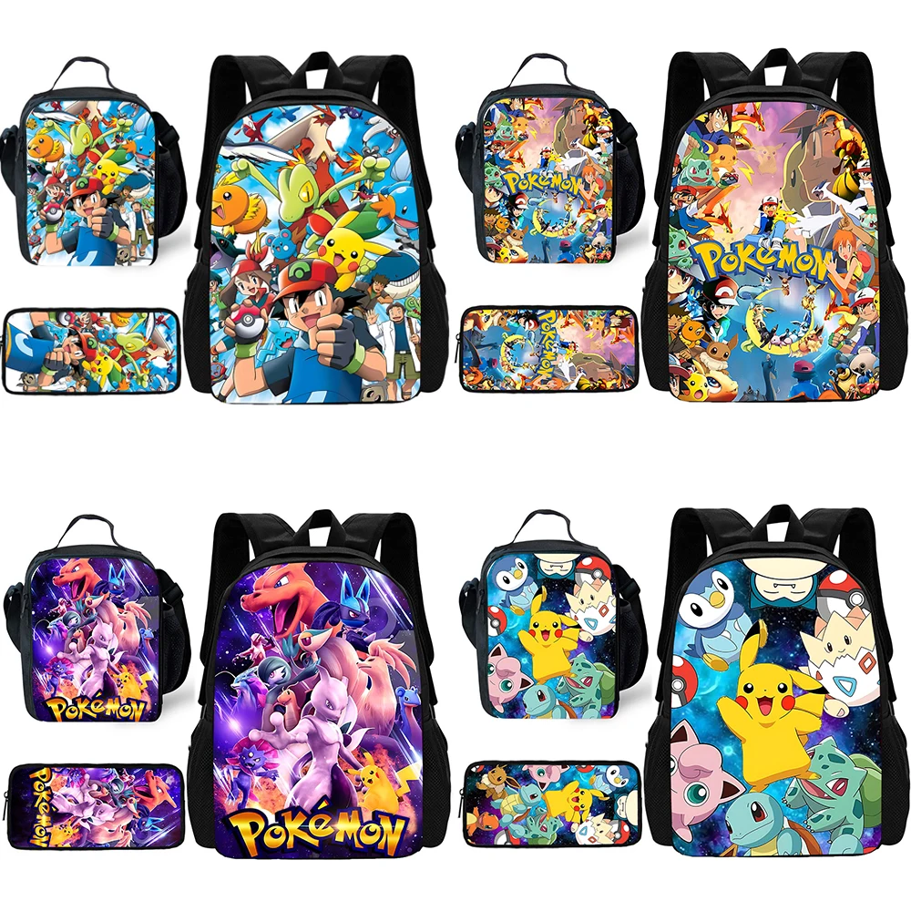 3 pcs set Cute Anime Pikachus Gengars Child School Backpack with Lunch Bags ,Pencil Bags ,School Bags for Boys Girls Best Gift