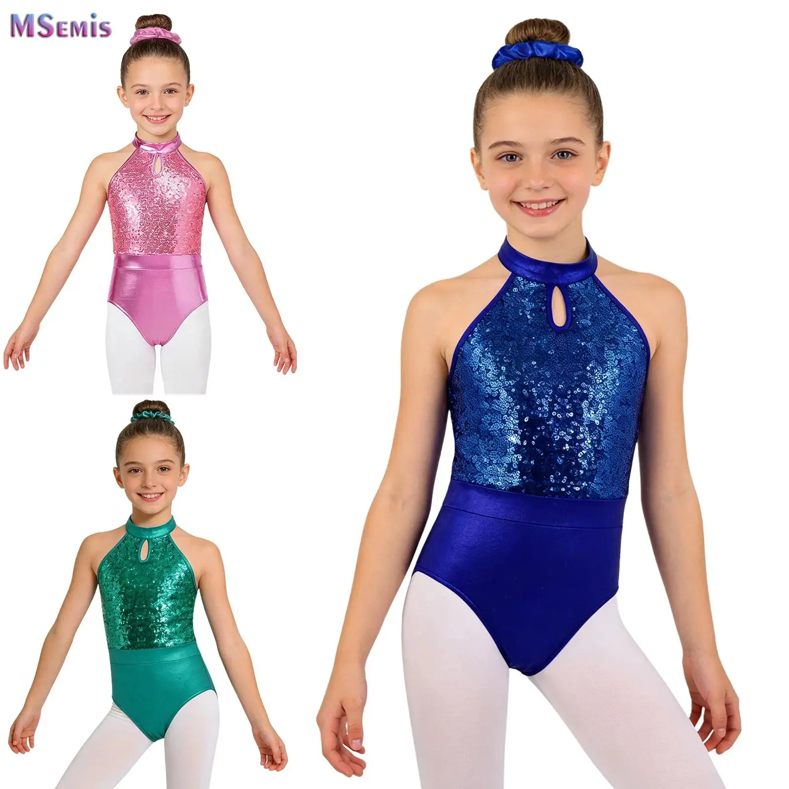 

Kids Girls Ballet Dance Jumpsuit Sequins Gymnastics Leotard with Metallic Hairband Jazz Figure Skating Performance Costume